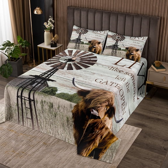 Highland Cow Quilt Set Garden Windmill Decor Farmhouse Bedspread Set Twin,Country Lodge Cabin Coverlet Set Rustic Cottage Retro Barn Door Bedding Set