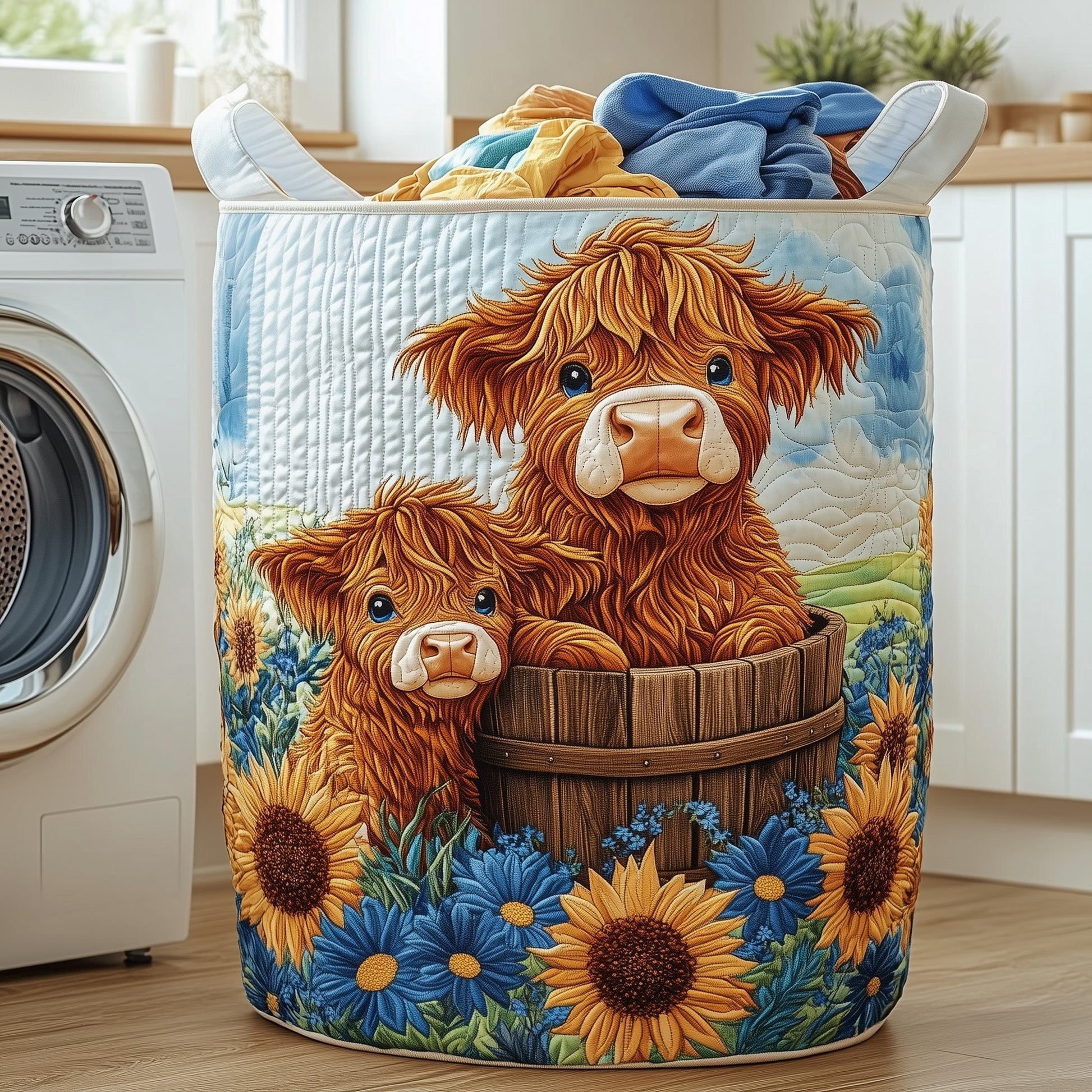 Highland Cow Quilted Laundry Basket, Storage Bin Laundry Basket Fabric, House Storage Hamper, Mother Day's Gift Ideas