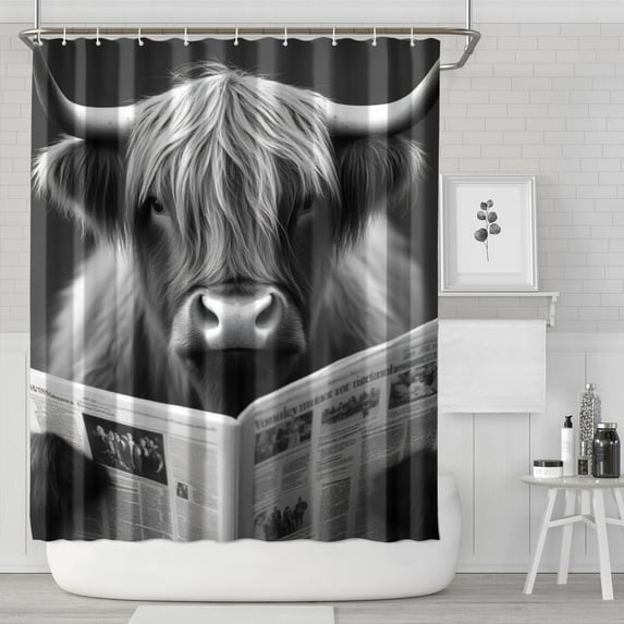 Highland Cow Reading Newspaper 72x84in Shower Curtain,Bathroom Decorative Shower Curtains Set with 12 Hooks,Modern Waterproof Washable Shower Curtain