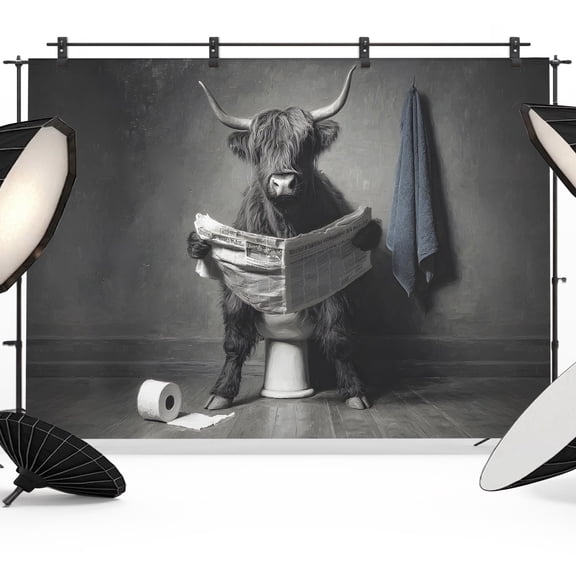 Highland Cow Reading Newspaper on The Toilet Backdrops for Photography, Funny Animal Pattern Fabric Photo Background Sturdy Studio Props for Photo Studio, Video Recording, Booth & Photoshoot 7x5ft