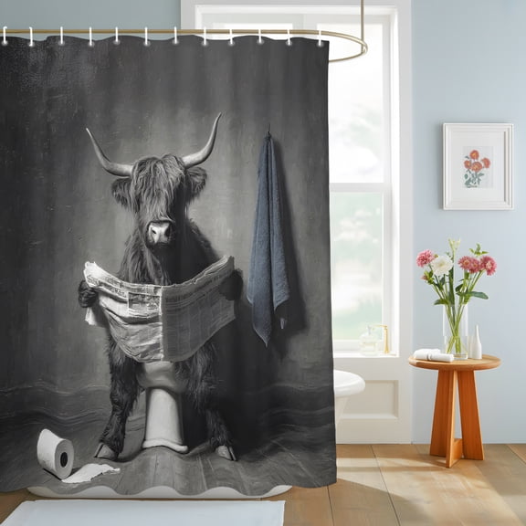 Highland Cow Reading Newspaper on The Toilet Shower Curtain, Funny Animal Waterproof Washable Shower Curtain for Bathroom Bathtub Partition Bath Decoration Set with Hooks 36x72in