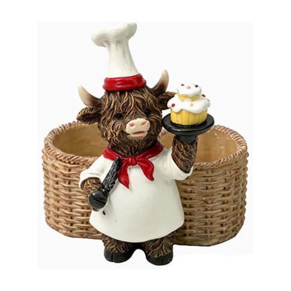 Highland Cow Resin Figurine With Woven Basket Storage For Kitchen Desktop Pen Utensil Display