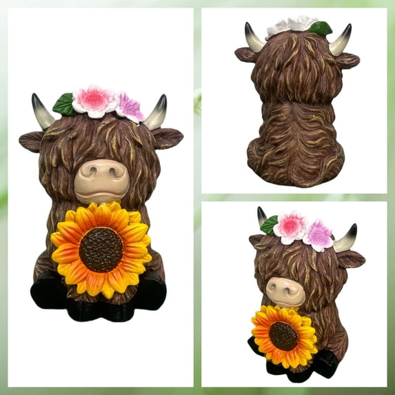 Highland Cow Resin Figurine with Floral Accent, Farmhouse Tabletop Decor, Rustic Home Accent, 6.69 Inch