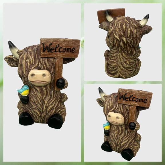 Highland Cow Resin Figurine with Welcome Sign, Farmhouse Tabletop Decor Statue, Rustic Home Accent, 6.3 Inch