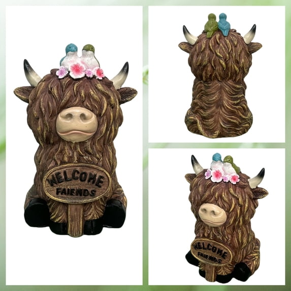 Highland Cow Resin Figurine with Welcome Theme, Farmhouse Tabletop Decor, Rustic Home Accent, 6.69 Inch