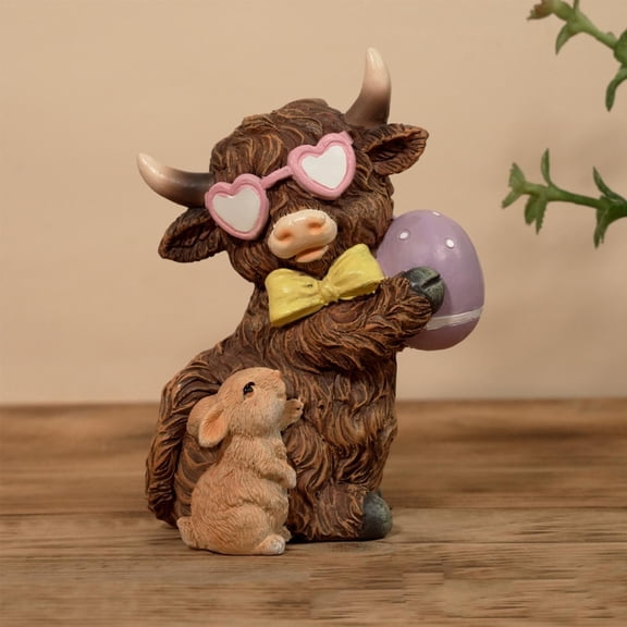 Highland Cow Resin Figurines Set, Cute Spring Easter Cow with Bunny Statues for Home, Garden & Shelf Decor