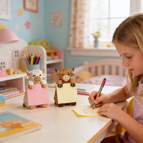 Highland Cow Resin Note Dispenser Easter Decor, Cute Cow Design Desktop Note Paper Holder, Office Home Table Decor, Stationery Organizer for Desk Accessories and Office Supplies, 6*2*2in, White