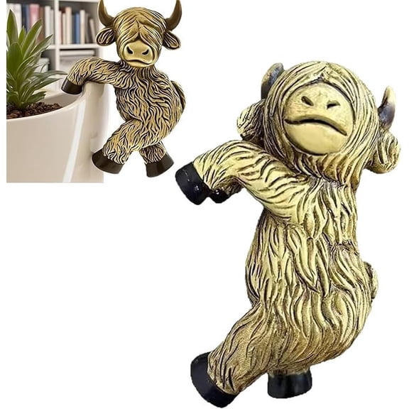 Highland Cow Resin Planter Edge Hanging Ornament, 4.3 Inch Rustic Garden Figurine for Pot Rims Fences Balconies