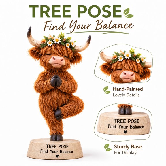 Highland Cow Resin Yoga Statue Tree Pose Find Your Balance Calming Figurine for Home Desk Shelf Meditation Nook Tabletop Decoration