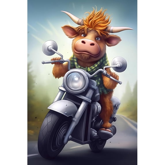 Highland Cow Riding Motorcycle - Animal Aesthetics Wall Art - Cute Funny Animal Pictures to Relax - Prints Canvas-Painting Art, Dining Room Wall Decor Ideas, Art Deco Frameless 8x10inch