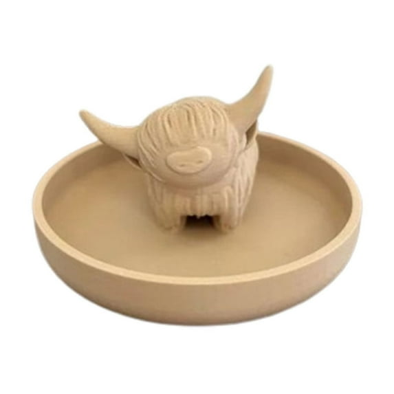 Highland Cow Ring Holder with Circular Dish, Farmhouse & Bohemian Style Marble Cute Unique Highland Cow Women Gifts Stuff Ring Jewelry Plate Organizer for Bathroom Office Home Room Desk Decor Brown