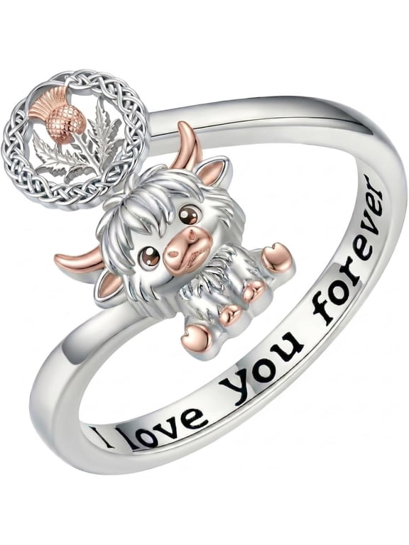 Highland Cow Ring for Women Cute Cow Adjustable Open Rings with Scottish thistle Highland Cow Jewelry Gifts for Family Friends