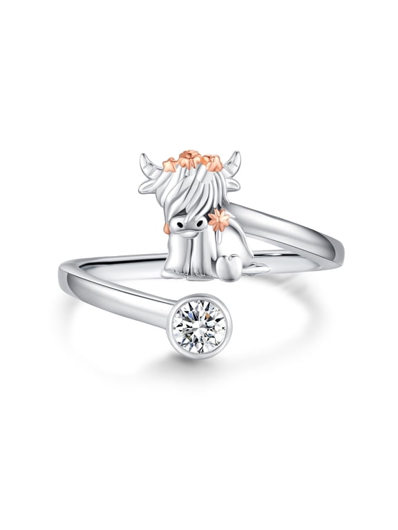 Highland Cow Ring for Women S925 Sterling Silver Adjustable Open Ring Cubic Zirconia Scottish Highland Cow Jewelry Gifts for Animal Lover Birthday
