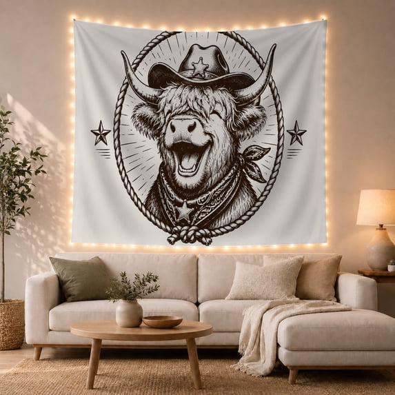 Highland Cow in Rope Lasso with Sheriff Stars, Playful Vintage for Western Fans, Cowboy Wall Art, Housewarming Gift, Tapestry Wall Hanging for Bedroom and Living Room