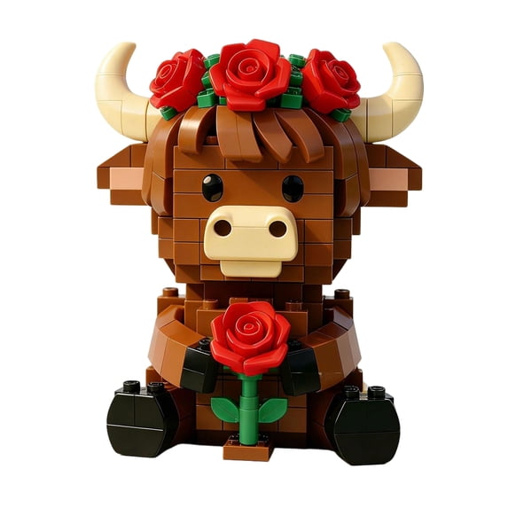 Highland Cow Rose Building Blocks Set, Collectible Animal Building Toy, Creative Scottish Cow Rose Brick Set for Adults, DIY Home Office Decor, STEM Education-Gift Ideas
