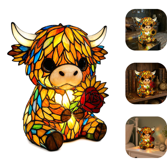 Highland Cow Rose Lamp, Handmade Stained Glass LED Decor Night Light, USB Powered Lamp for Bedroom Shelf Decoration, Unique Birthday Housewarming Gift-Highland Cow Rose Lamp