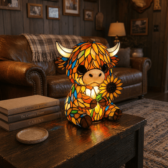 Highland Cow Rose Lamp, Stained Glass Handmade LED Decor Night Light, USB Portable Lamp for Bedroom Shelf Decoration, Premium Birthday Housewarming Gift-Highland Cow Sunflower Lamp