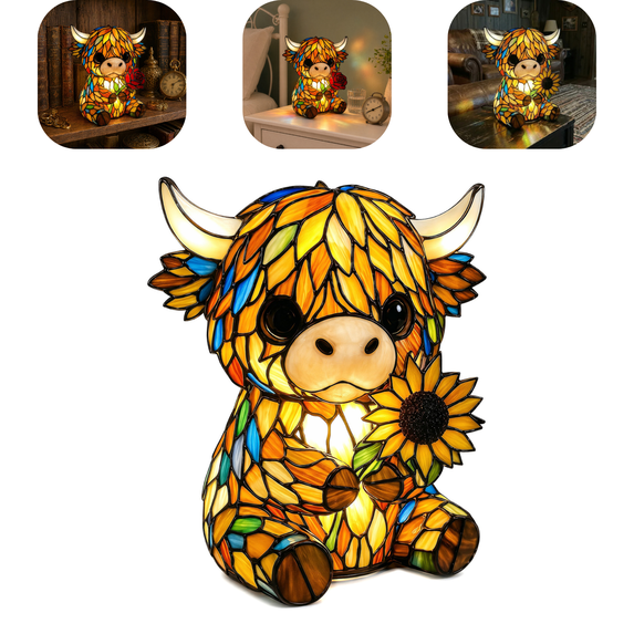Highland Cow Rose Night Light, Stained Glass Handmade LED Decor Night Light, USB Craft Lamp for Bedroom Shelf Decoration, Stylish Birthday Housewarming Gift-Highland Cow Sunflower Lamp