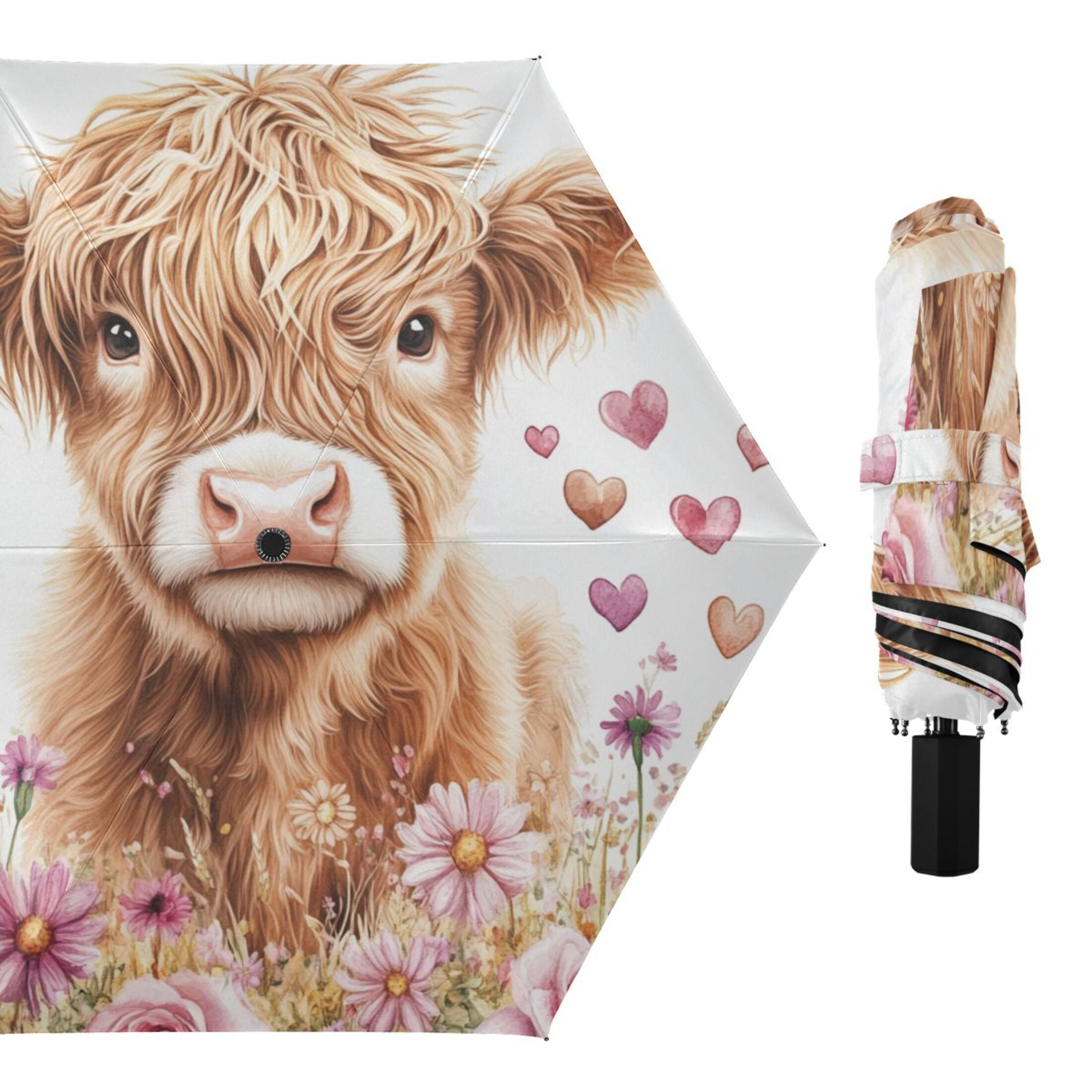 Highland Cow Roses Hearts Valentine All Weather Umbrella Triple Folding Parasol 6 Ribs UV Protection Portable