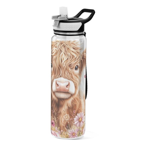 Highland Cow Roses Hearts Valentine Transparent Sports Water Bottle with Straw BPA Free Tritan 32oz for Gym Camping