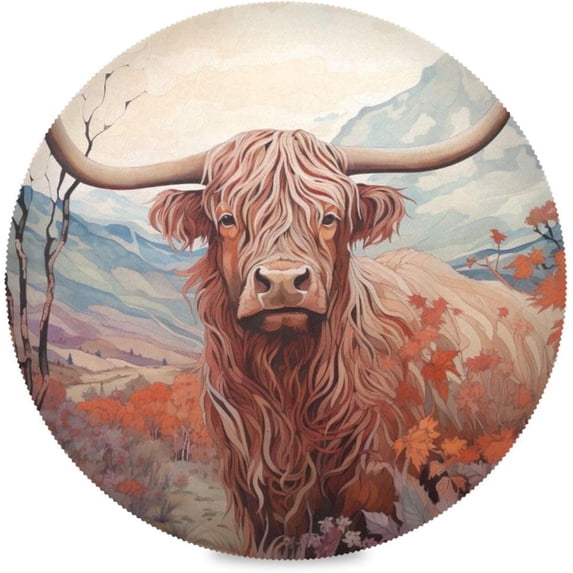 Highland Cow Round Placemats Washable Placemats Non-Slip Heat-Resistant Table Place Mats for Dining Kitchen Holiday Party Table 15.4"-4PCS Home Decor