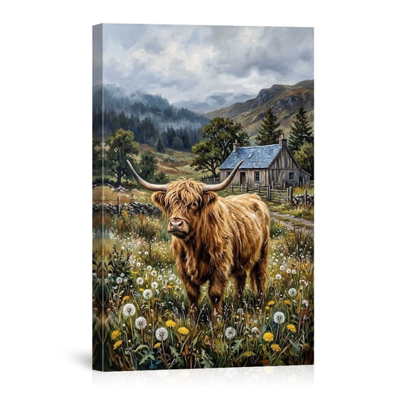 Highland Cow Rustic Farmhouse Scottish Cattle Animal Landscape Dandelion Field Canvas
