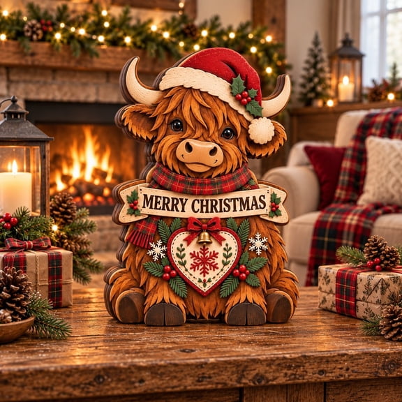 Highland Cow Santa Hat Merry Christmas Wooden Block 3 Layer Figurine for Mantel Decor