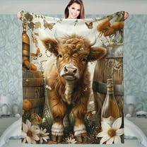 Highland Cow & Scottish Deer Print Flannel Blanket - Soft Plush All-Season Bedspread, Double-Sided Cozy Throw for Couch, Bed, or Floor - Rustic Farmhouse Decor in Brown, White, Black, Green,