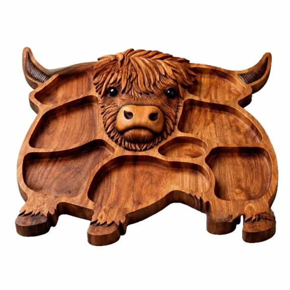 Highland Cow Serving Platter, Natural Solid Wood Charcuterie Board with Compartments, Rustic Farmhouse Cheese Tray for Home and Restaurant