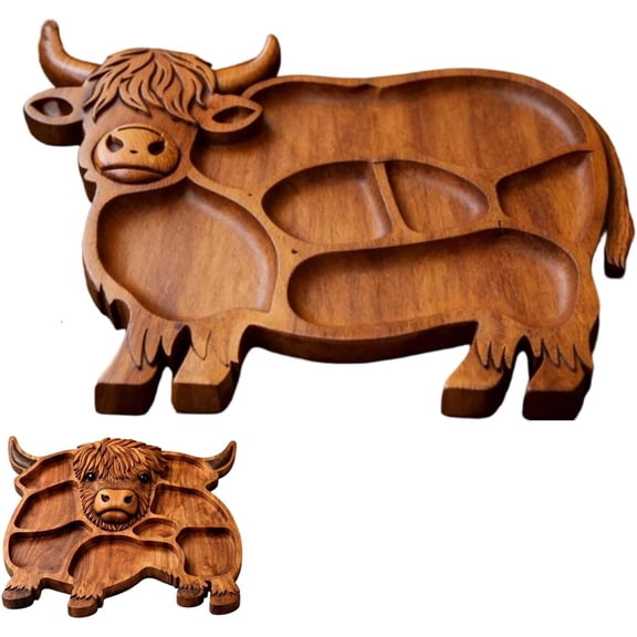 Highland Cow Shaped Wooden Charcuterie Board with Snack Dividers, Rustic Serving Platter