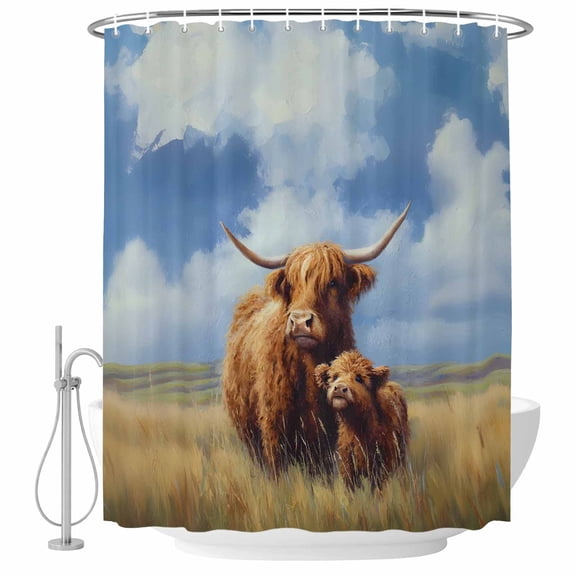 Highland Cow Shower Curtain for Bathroom, Rustic Art Calf in A Lush Farmhouse Grassland Waterproof Machine Washable Shower Curtain Set with Hooks, Bath Decoration for Home Bathtub Stall 36"x72"