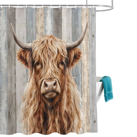 Highland Cow Shower Curtain, Farm Country Animal Pattern Shabby Chic Gray Wood Grain Waterproof Shower Curtain Set with 12 Hooks Lightweight Bath Curtains Fabric Bathroom Decor 36x72 Inches