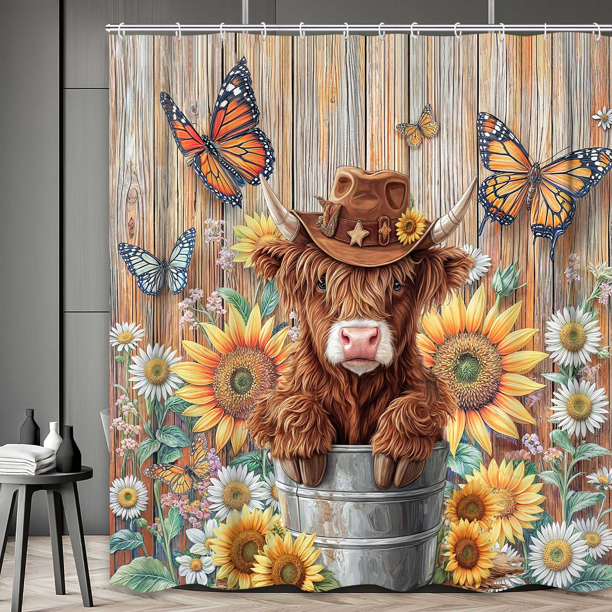 Highland Cow Shower Curtain, Farmhouse Sunflower Country Rustic Bull Cute Western Farm Cattle Wooden Board Fabric Cloth Shower Curtains Wild Animal Hunting Bathroom Accessories with Hooks,72X72in