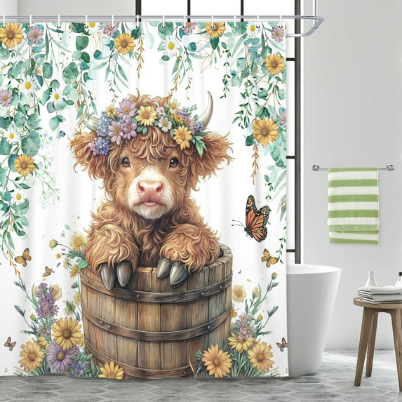 Highland Cow Shower Curtain, Green Sage Eucalyptus Floral Watercolor Leaves Farmhouse Shower Curtain Sets, Funny Cattle in Bucket Waterproof Fabric Bath Curtains with Hooks, 36X72in