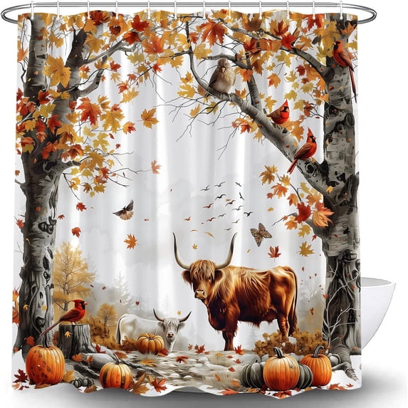 Autumn Rustic Maple Highland Cow Shower Curtain, Rustic Fall Thanksgiving Farmhouse Bull ...