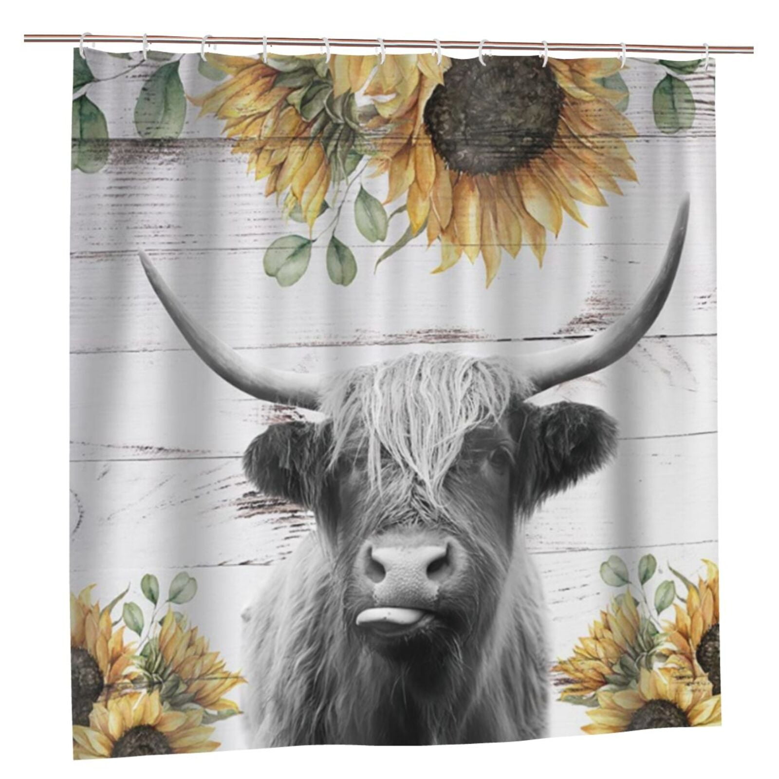 Highland Cow Shower Curtains, Funny Rustic Farmhouse Cattle Bull Farm