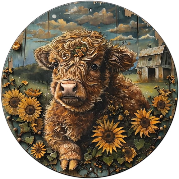 Highland Cow Sign Vintage Round Metal Sign Highland Cow Wall Art Rustic Wreath Wall Decoration for Indoor Outdoor Home Porch Window Decor 8 Inch