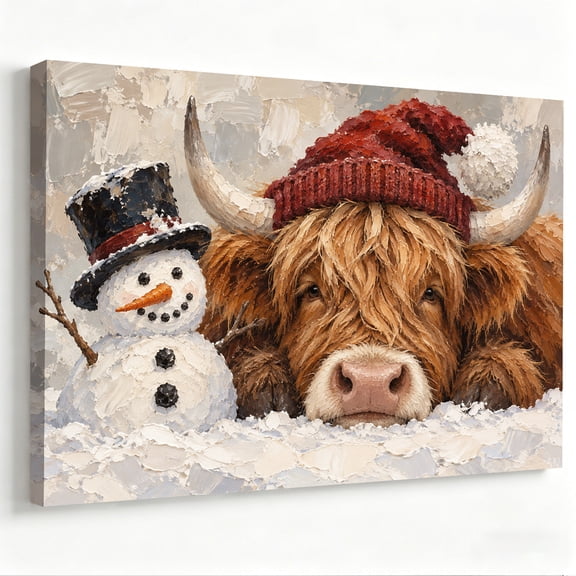Highland Cow and Snowman Christmas Canvas Wall Art, Red Hat Rustic Farmhouse Winter Print for Living Room and Entryway, Ready to Hang12×16 poster framed