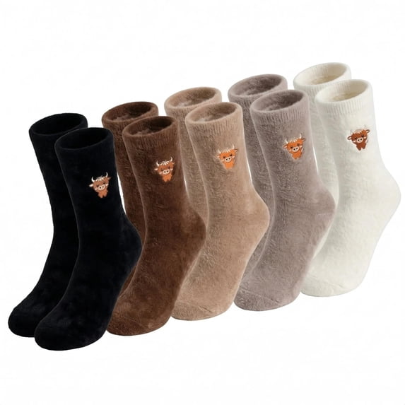 Highland Cow Socks 5 Pairs, Fuzzy Crew Socks for Women Girls