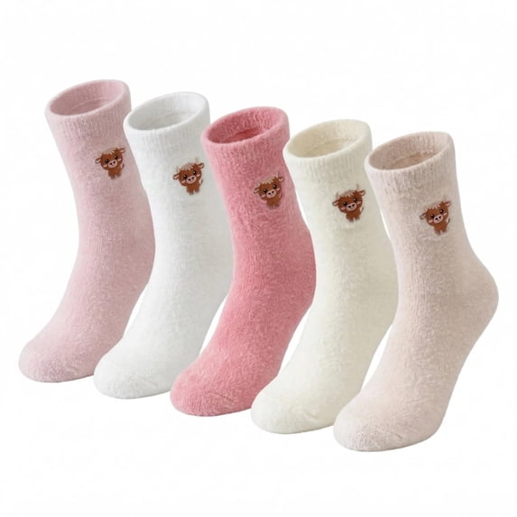 Highland Cow Socks 5 Pairs, Fuzzy Crew Socks for Women Girls