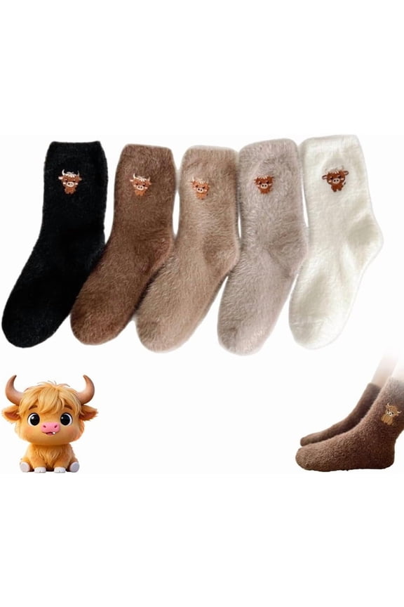Highland Cow Socks for Womens, 5 Pairs Winter Warm Cow Socks for Cows Lovers and Teen Girls