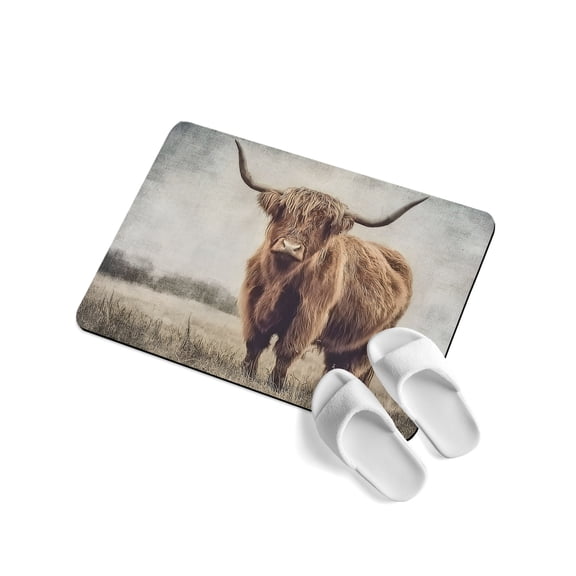 Highland Cow Soft Diatomaceous Earth Mat, Field Nature Animal Rural Landscape Absorbent Bath Mat Non Slip Rubber Backed Quick Dry Doormat Fit Under Door for Bathroom Kitchen 24"x36"