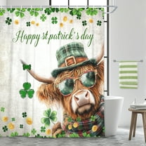 Highland Cow St. Patrick's Day Shower Curtain, Funny Farm Animals on Wooden Board Spring Farmhouse Shower Curtain Sets, Polyester Green Clover Shamrock Leaves Bathroom Accessories with Hooks, 60X70in