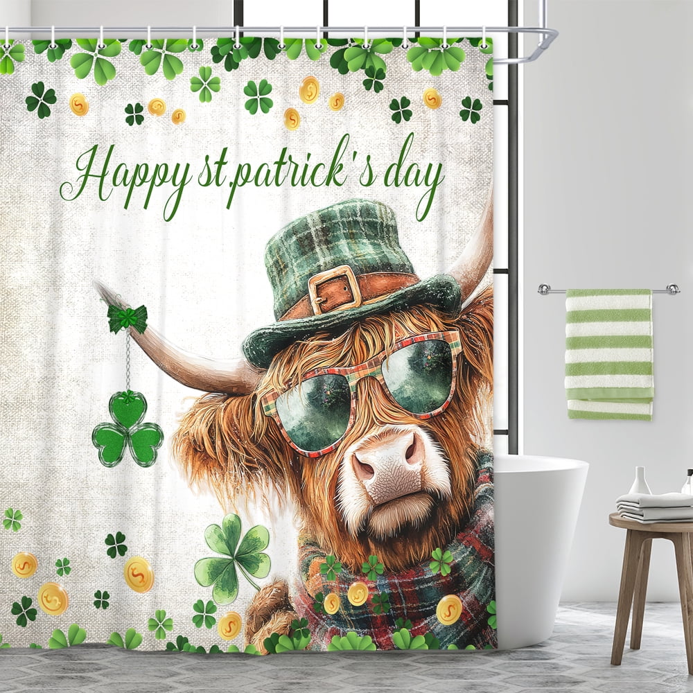 Highland Cow St. Patrick's Day Shower Curtain, Funny Farm Animals on Wooden Board Spring Farmhouse Shower Curtain Sets, Polyester Green Clover Shamrock Leaves Bathroom Accessories with Hooks, 48X70in