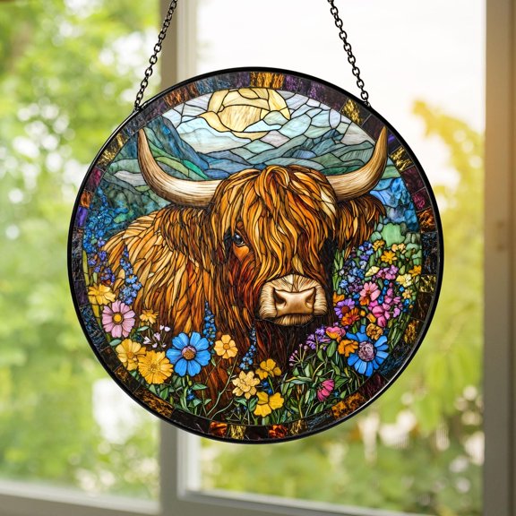 Highland Cow Stained Glass Suncatcher Handmade Rustic Farmhouse Animal Floral Window Hanging Home Decor Gift