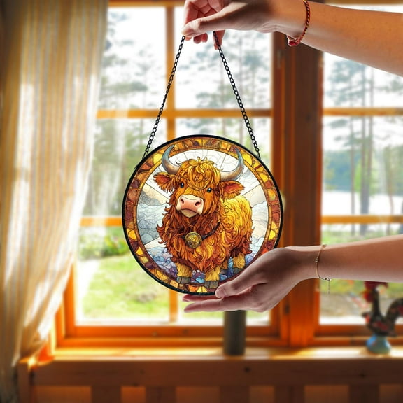 Highland Cow Stained Glass Suncatcher, Rustic Farm Animal Window Hanging, Farmhouse Decor Gift, Outdoor Garden Ornament