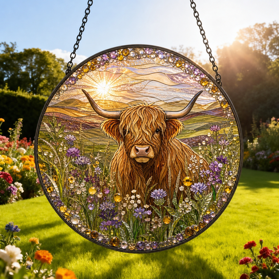 Highland Cow Stained Glass Suncatcher Window Hanging Acrylic Gift for Mom or Dad