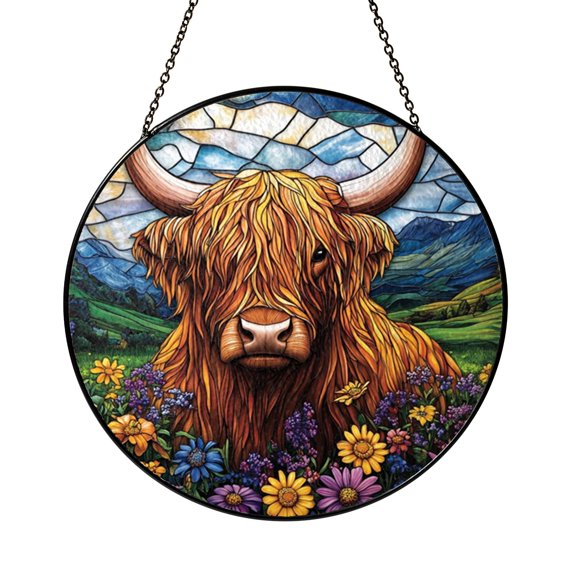 Highland Cow Stained Glass Suncatcher Window Hanging, Rustic Scottish Cattle Nature Home Decor