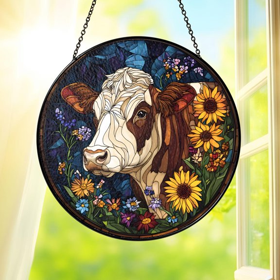 Highland Cow Stained Glass Suncatcher Window Hanging Sunflowers Farm Animal Rustic Home Decor Lovers Gift