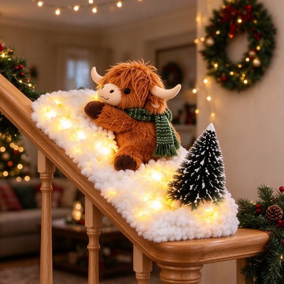 Highland Cow Stair Decor, Lighted Winter Railing Garland, Miniature Trees and Artificial Snow around Cattle Characters for a Banister Display, Bendable Trim with Warm White LED Accents